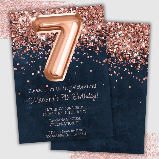 Invitation à une fête d'anniversaire de 7 ans Rose (Créateur téléchargé)