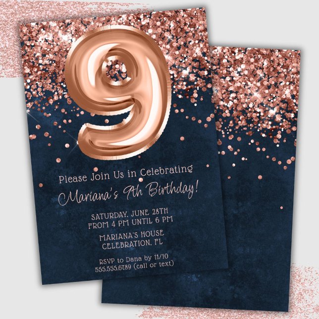 Invitation à une fête d'anniversaire de 9 ans Rose (Créateur téléchargé)