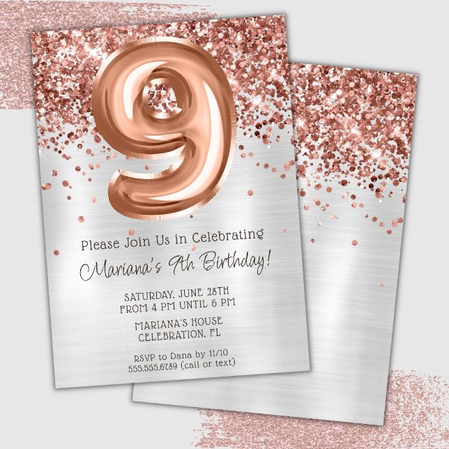 Invitation à une fête d'anniversaire de 9 ans Rose (Créateur téléchargé)