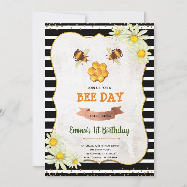 Invitation à une fête d'anniversaire de abeille (Devant)