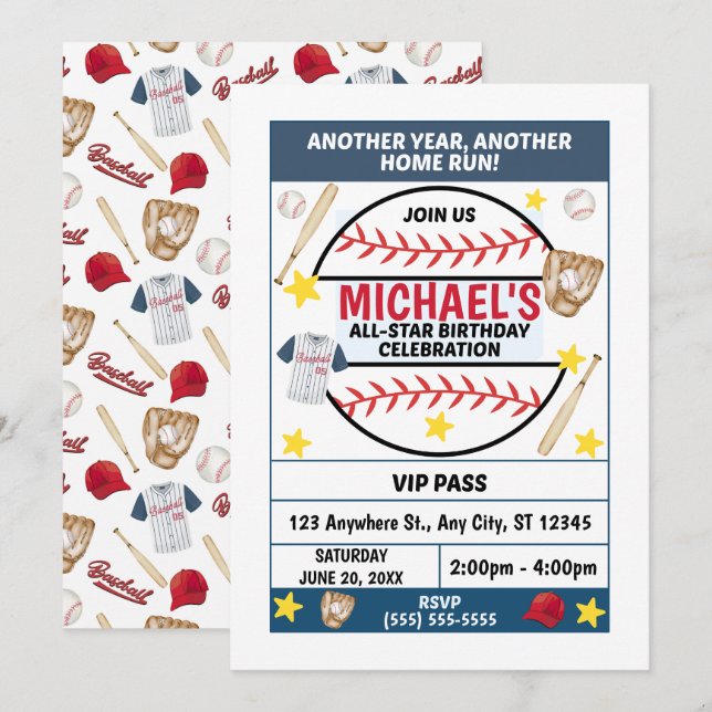 Invitation à une fête d'anniversaire de baseball (Devant / Derrière)
