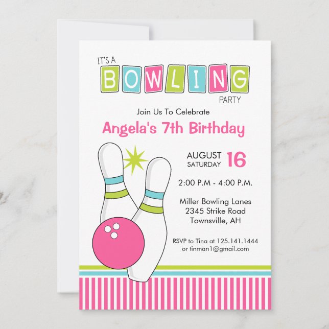 Invitation à une fête d'anniversaire de bowling (Devant)