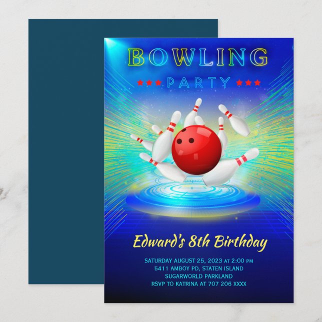 Invitation à une fête d'anniversaire de bowling  (Devant / Derrière)