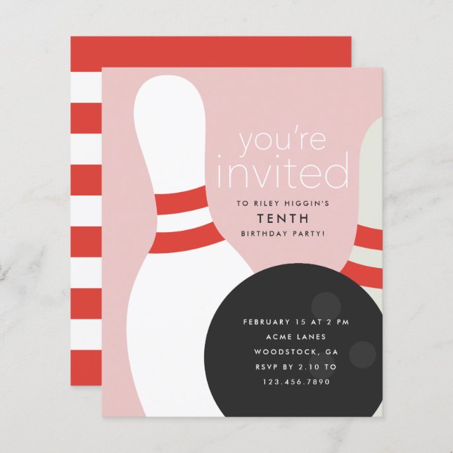 Invitation à une fête d'anniversaire de bowling (Devant / Derrière)