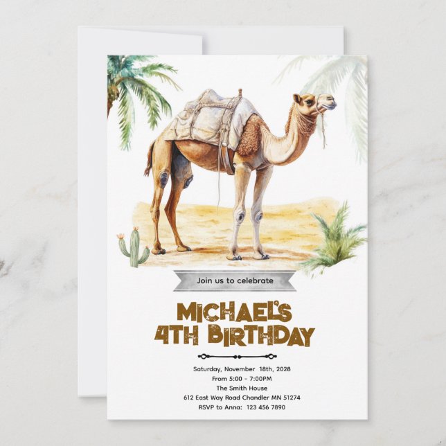 Invitation à une fête d'anniversaire de chameau (Devant)