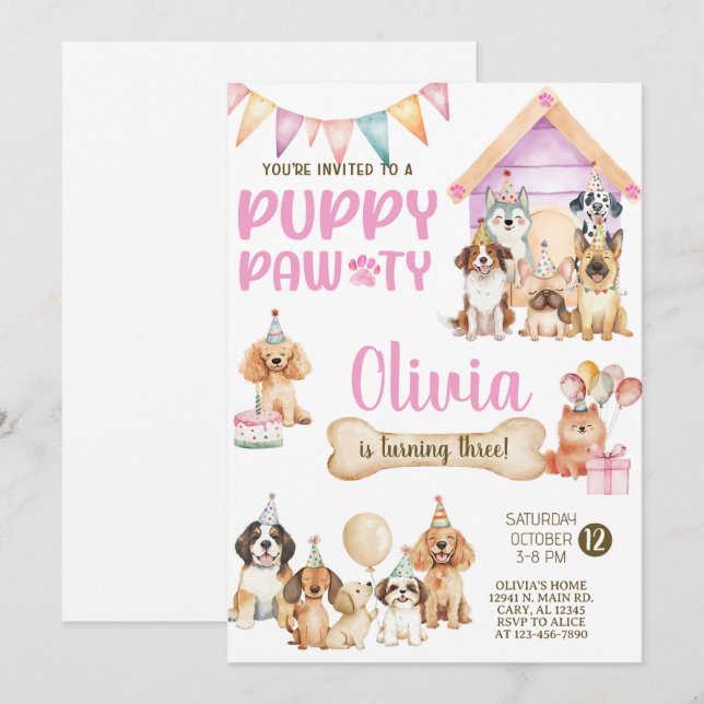 Invitation à une fête d'anniversaire de chiot fill (Devant / Derrière)