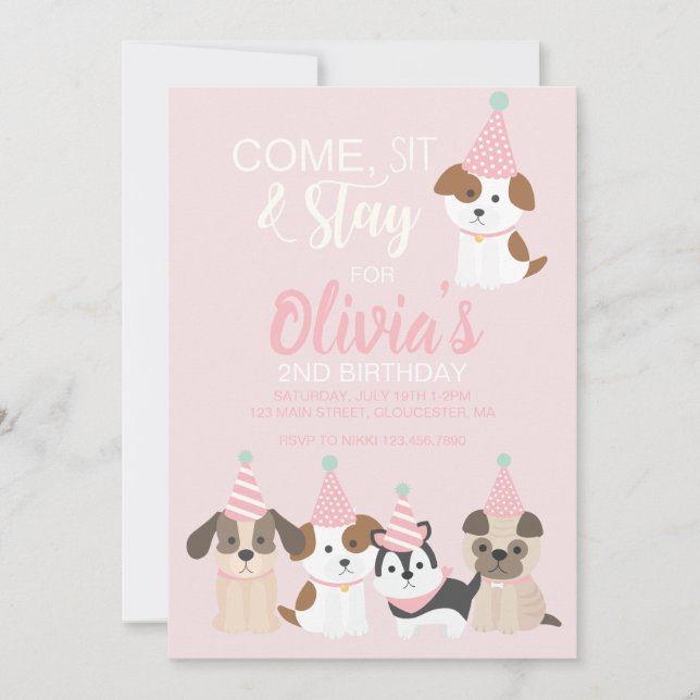 Invitation à une fête d'anniversaire de chiot rose (Devant)
