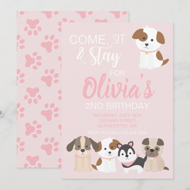 Invitation à une fête d'anniversaire de chiot rose (Devant / Derrière)