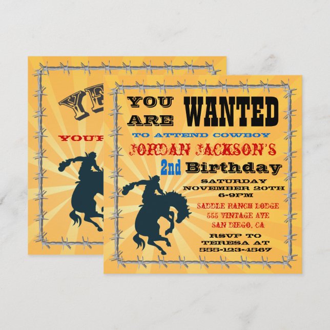 Invitation à une fête d'anniversaire de cow-boy Bu (Devant / Derrière)