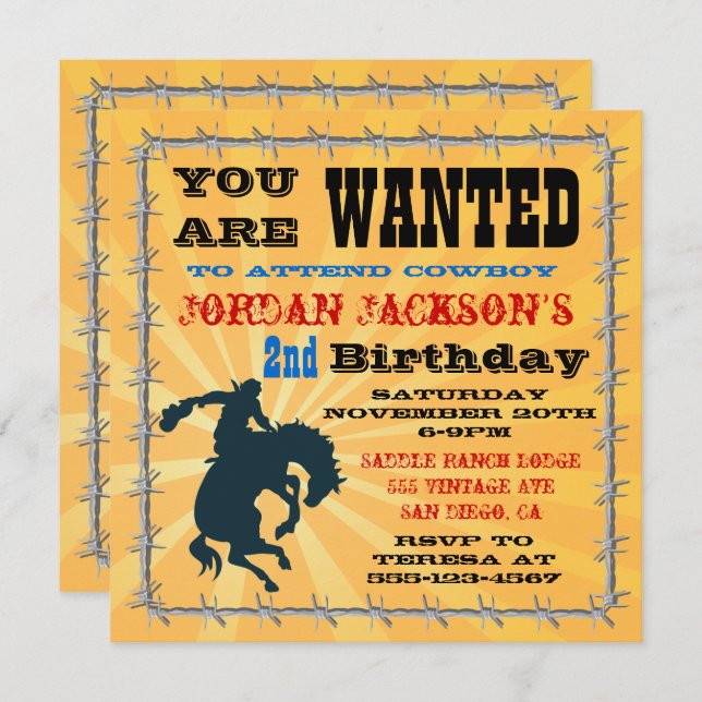 Invitation à une fête d'anniversaire de cowboy Buc (Devant / Derrière)