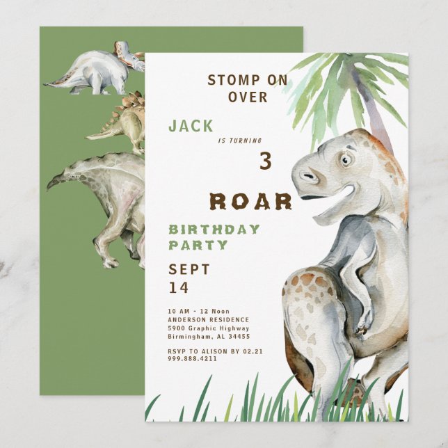 Invitation à une fête d'anniversaire de dinosaure  (Devant / Derrière)
