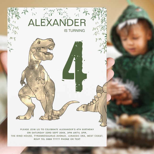 Invitation à une fête d'anniversaire de dinosaure  (Dinosaur boy’s birthday party invitation T-Rex & Stegosaurus dino jungle & modern green typography)