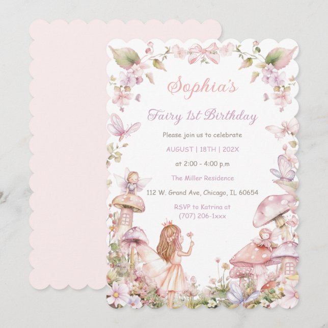 Invitation à une fête d'anniversaire de fée rose e (Devant / Derrière)