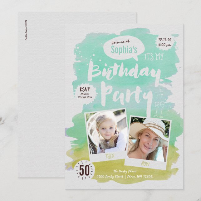 Invitation à une fête d'anniversaire de femme aqua (Devant / Derrière)