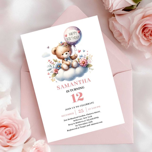 Invitation à une fête d'anniversaire de fille avec (Girl Birthday Invitation Cute Teddy Bear Balloon Party)