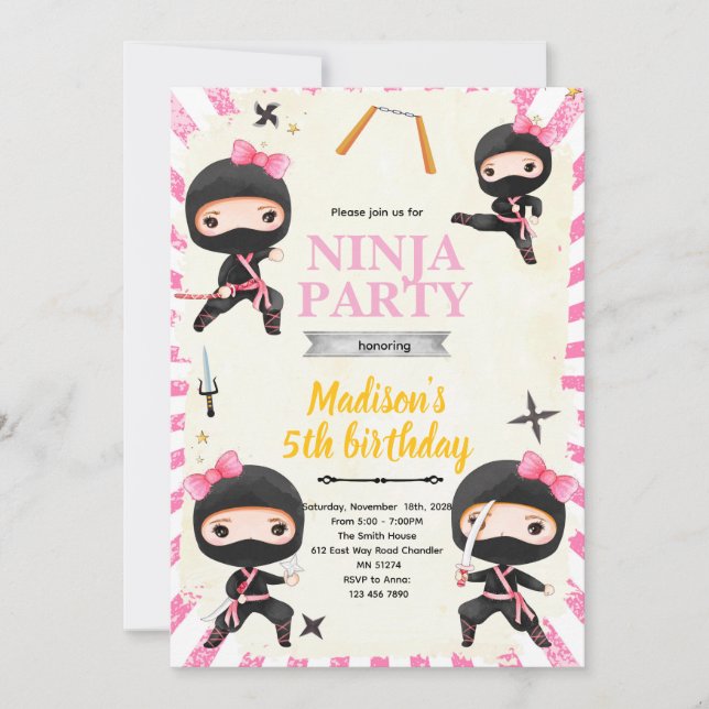 Invitation à une fête d'anniversaire de fille ninj (Devant)