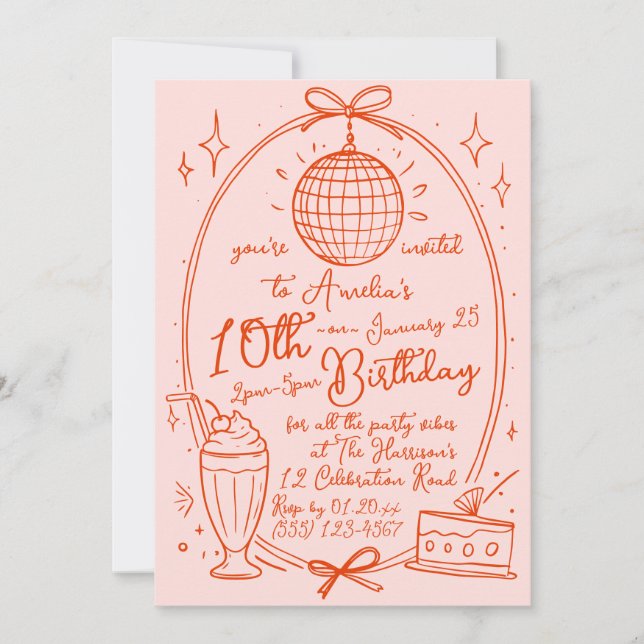 Invitation à une fête d'anniversaire de fille rétr (Devant)