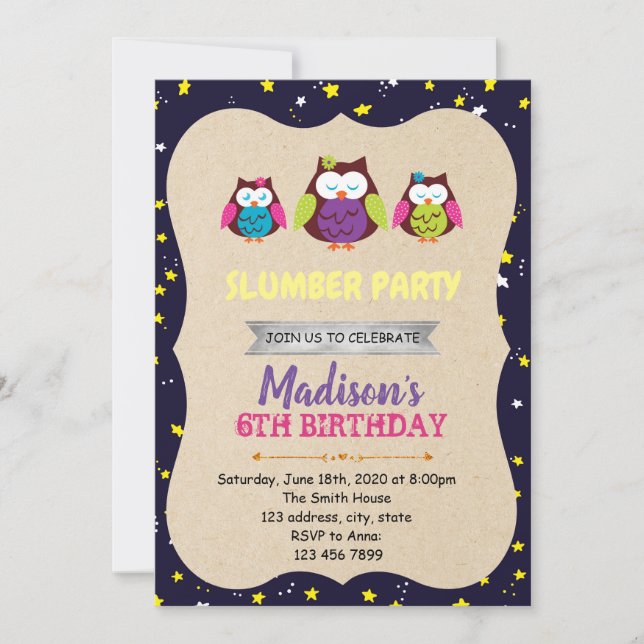 Invitation à une fête d'anniversaire de hibou noct (Devant)