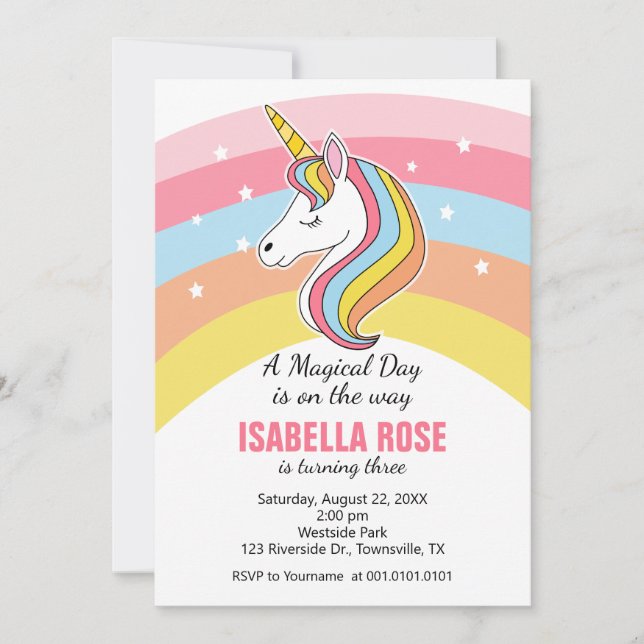 Invitation à une fête d'anniversaire de licorne (Devant)