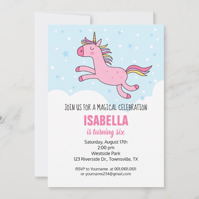 Invitation à une fête d'anniversaire de licorne (Devant)