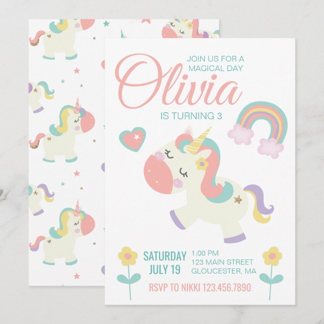 Invitation à une fête d'anniversaire de licorne ma (Devant / Derrière)