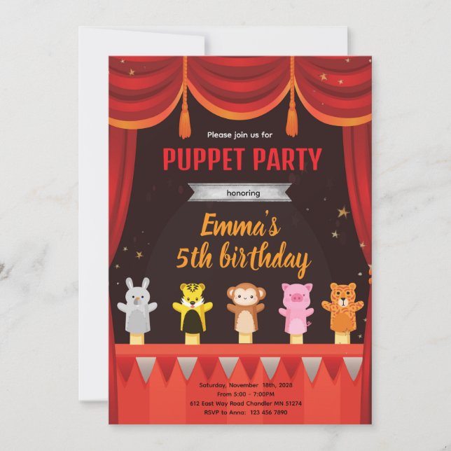 Invitation à une fête d'anniversaire de marionnett (Devant)
