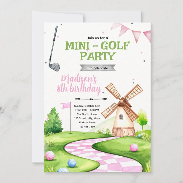 Invitation à une fête d'anniversaire de mini-golf  (Devant)