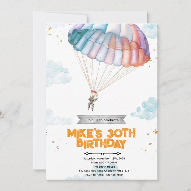 Invitation à une fête d'anniversaire de parachutis (Devant)