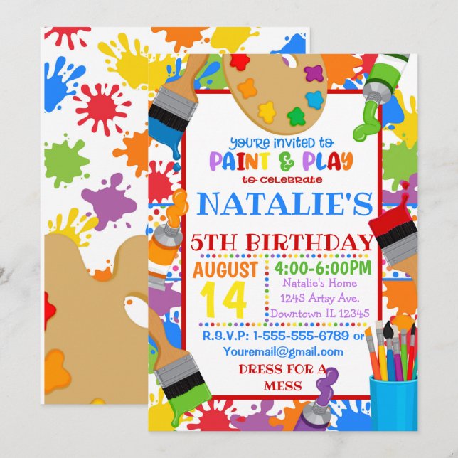 Invitation à une fête d'anniversaire de peinture d (Devant / Derrière)