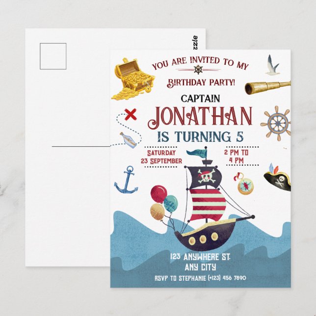 Invitation à une fête d'anniversaire de pirate pou (Devant / Derrière)