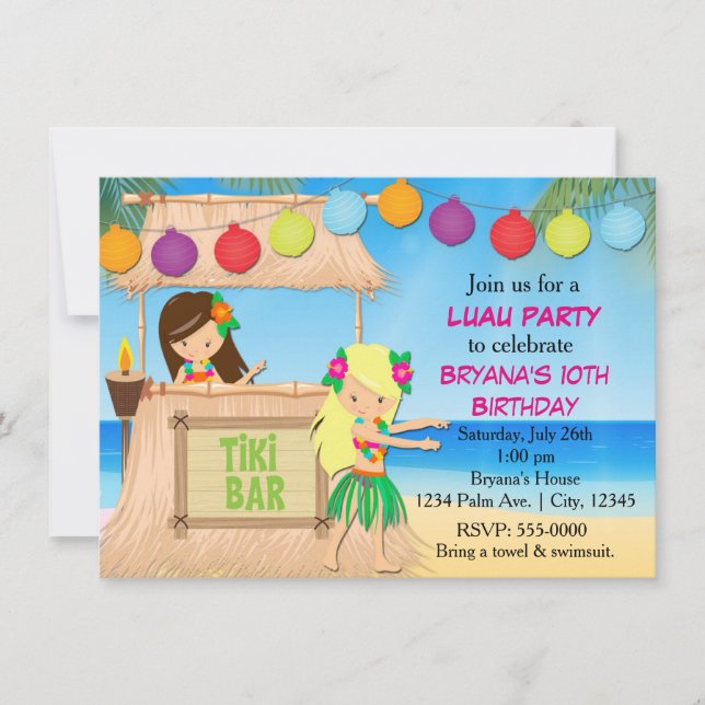 Invitation à une fête d'anniversaire de plage tiki (Devant)