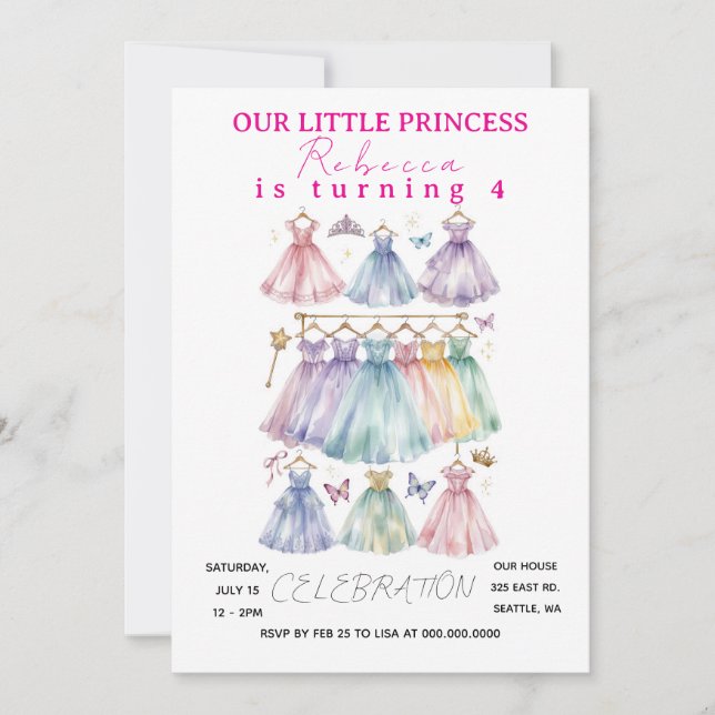 Invitation à une fête d'anniversaire de princesse  (Devant)