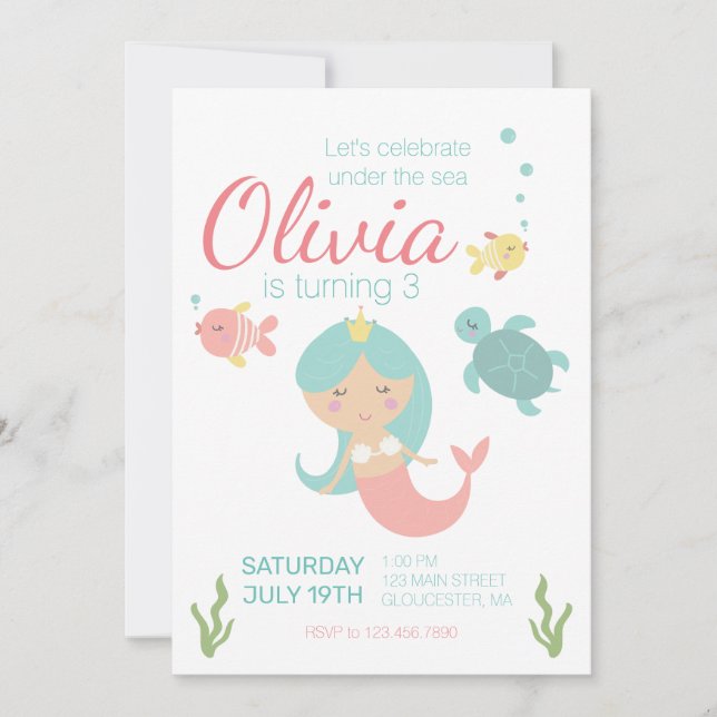 Invitation à une fête d'anniversaire de sirène sou (Devant)