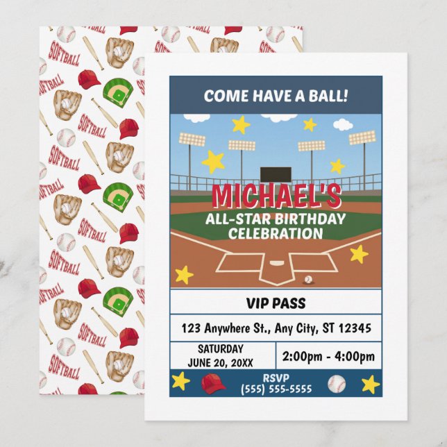 Invitation à une fête d'anniversaire de softball (Devant / Derrière)