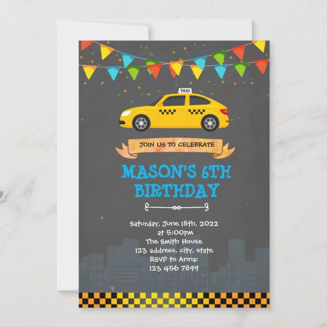 Invitation à une fête d'anniversaire de taxi (Devant)