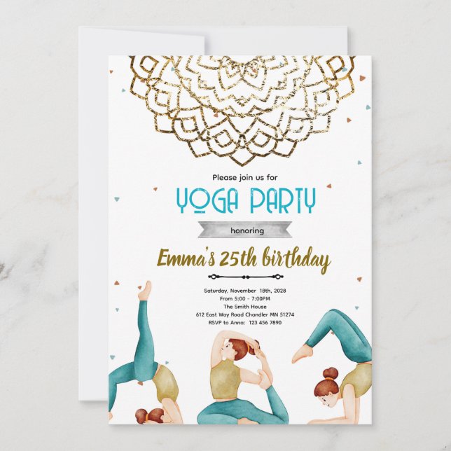 Invitation à une fête d'anniversaire de yoga pour  (Devant)