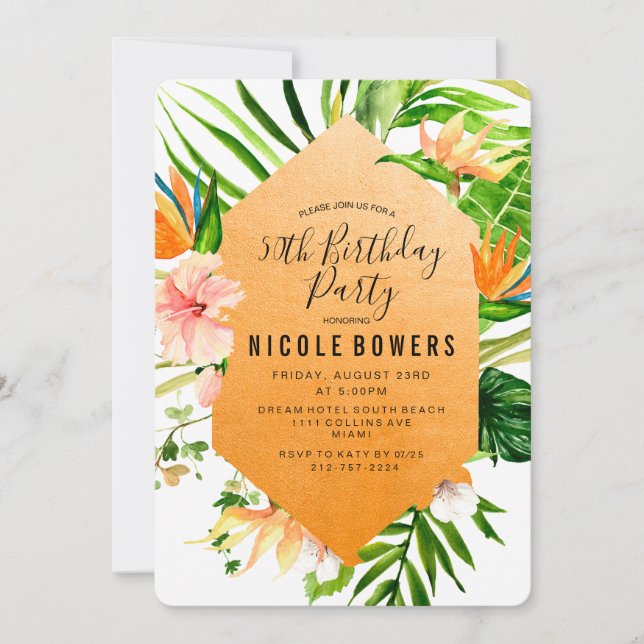Invitation à une fête d'anniversaire florale tropi (Devant)