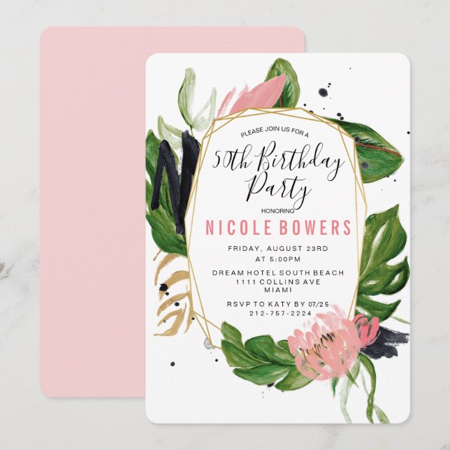 Invitation à une fête d'anniversaire florale tropi (Devant / Derrière)