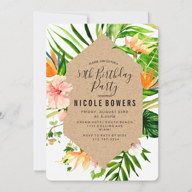 Invitation à une fête d'anniversaire florale tropi (Devant)