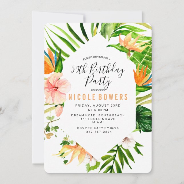Invitation à une fête d'anniversaire florale tropi (Devant)