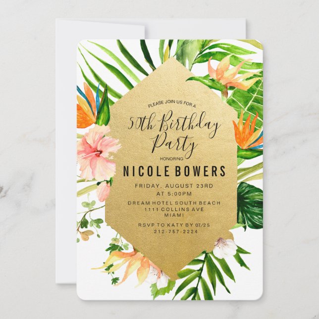 Invitation à une fête d'anniversaire florale tropi (Devant)