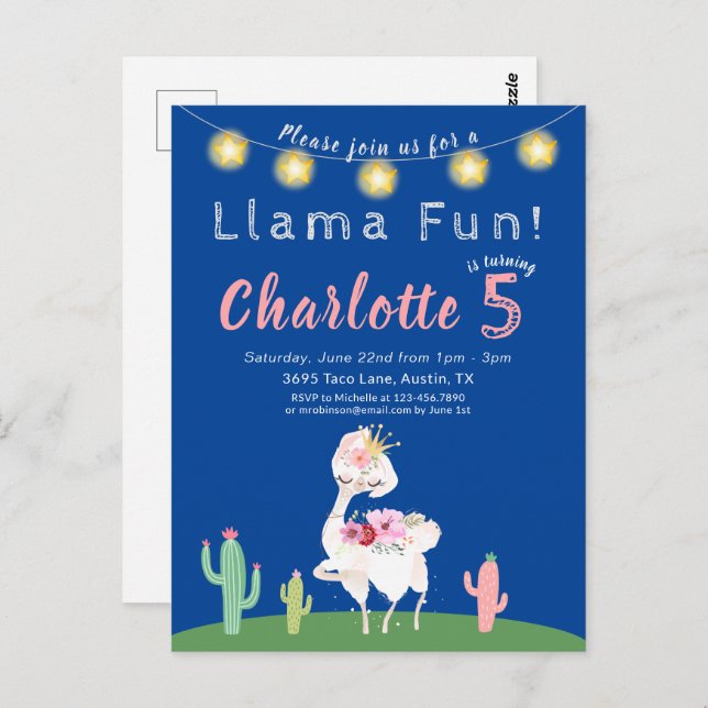Invitation à une fête d'anniversaire Fun Llama Ble (Devant / Derrière)