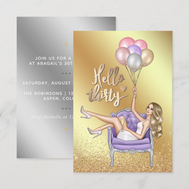 Invitation à une fête d'anniversaire girly de 30 a (Devant / Derrière)