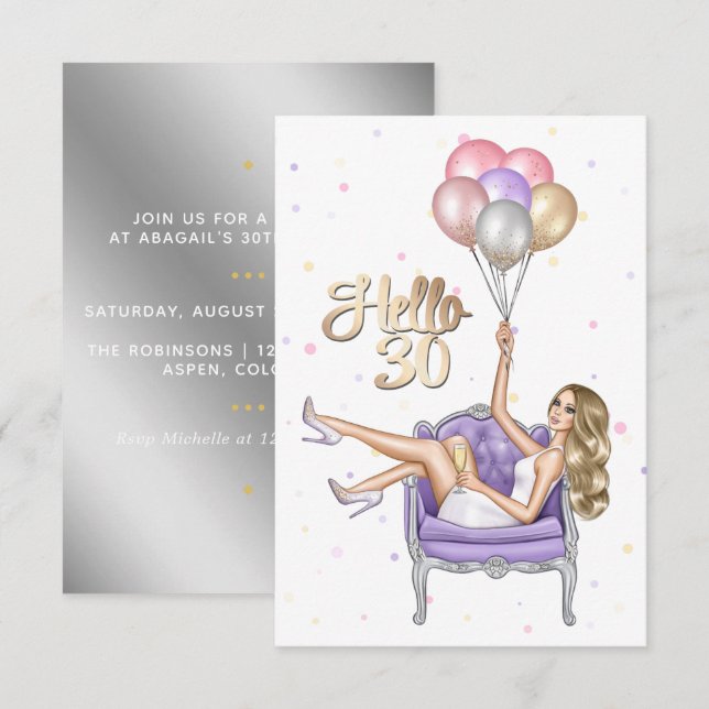 Invitation à une fête d'anniversaire girly de 30 a (Devant / Derrière)