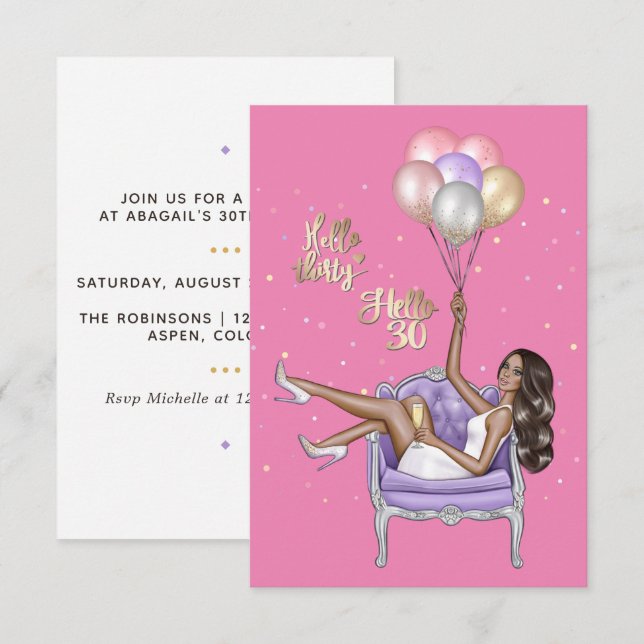 Invitation à une fête d'anniversaire girly de 30 a (Devant / Derrière)