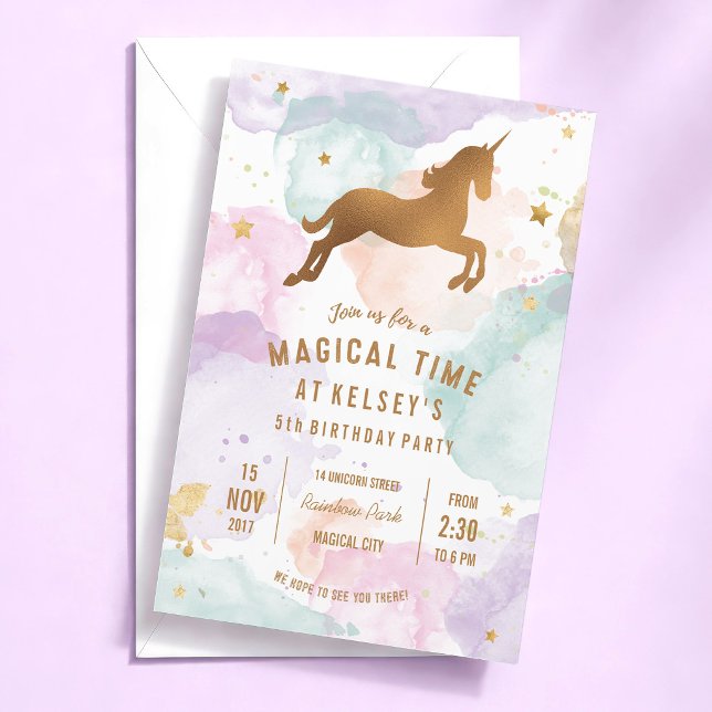 Invitation à une fête d'anniversaire Licorne (rainbow pastel watercolour unicorn birthday party invitation)