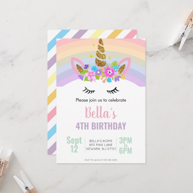 Invitation à une fête d'anniversaire Licorne et Ar (Devant/Arrière en situation)