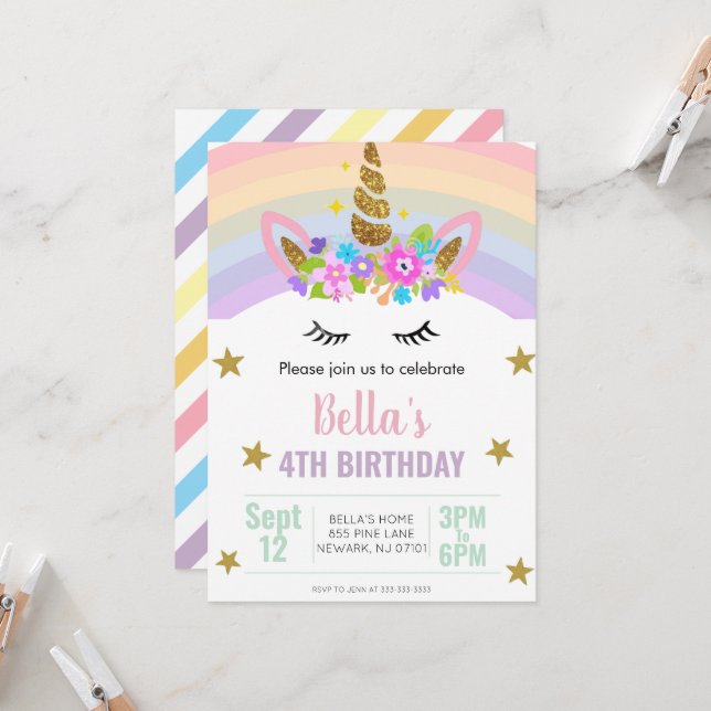 Invitation à une fête d'anniversaire licorne et ar (Devant/Arrière en situation)