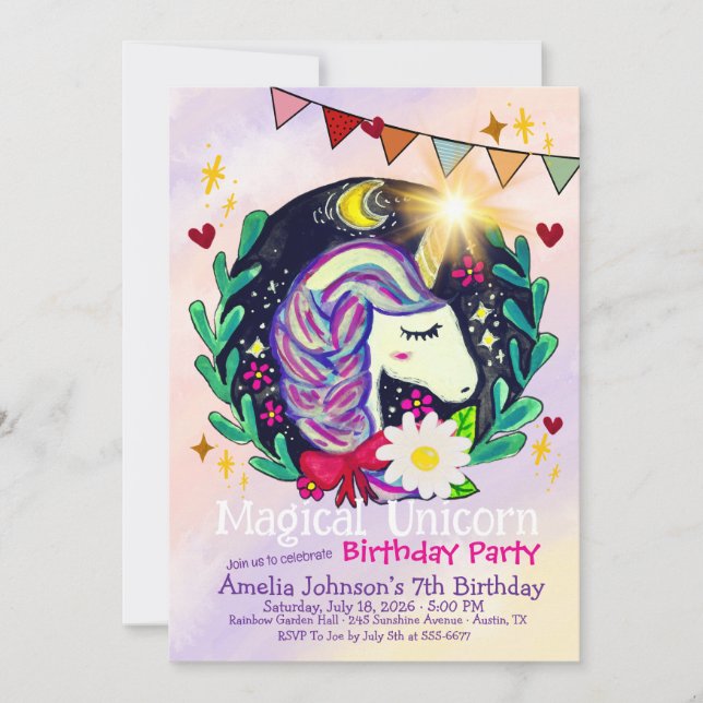 Invitation à une fête d'anniversaire Licorne Magiq (Devant)