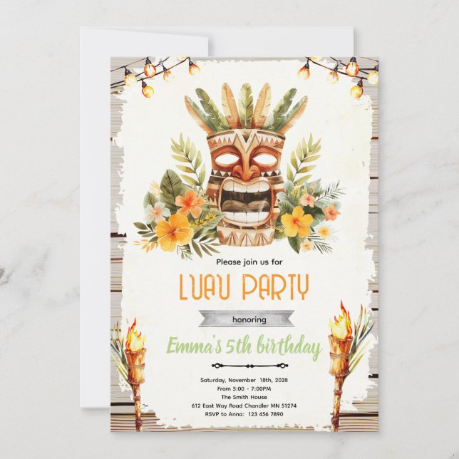 Invitation à une fête d'anniversaire luau tiki (Devant)